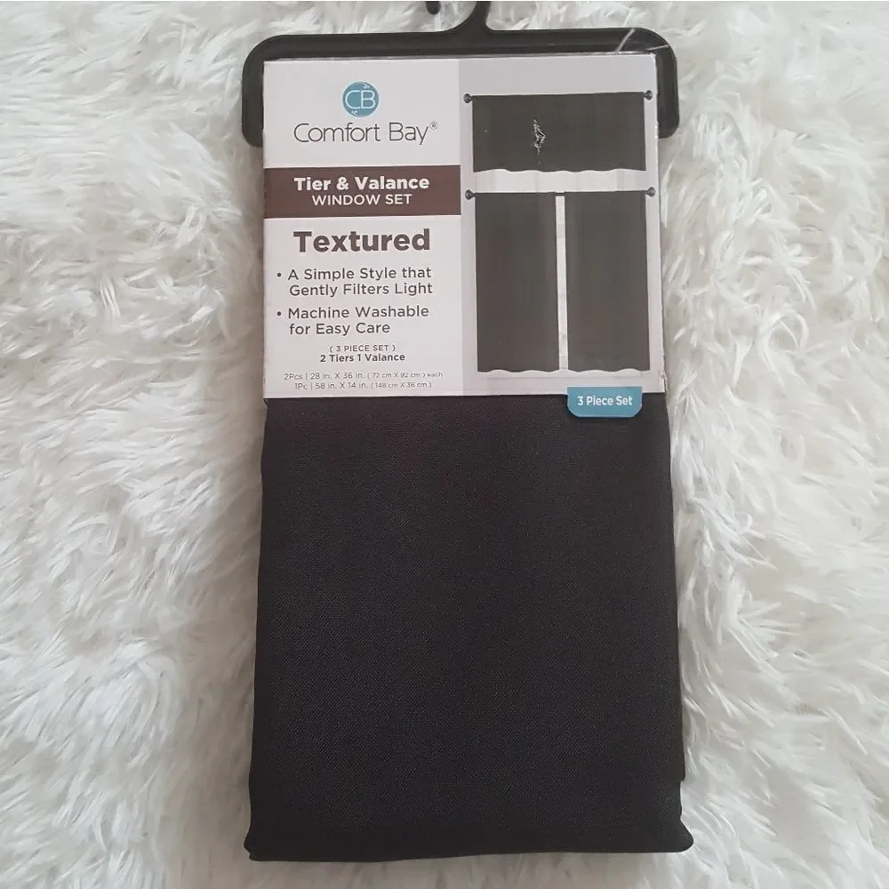 NEW 3 pc set Tier‎ & Window Valance Curtains Black